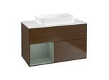 Villeroy und Boch Finion Waschtischunterschrank F651GMGN 100x60,3x50,1cm, Regal links Olive Matt Lacquer, Walnut veneer