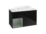 Villeroy und Boch Finion Waschtischunterschrank F651GMPH 100x60,3x50,1cm, Regal links Olive Matt Lacquer, Glossy Black Lacquer