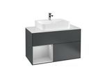 Villeroy und Boch Finion Waschtischunterschrank F111GJHG 100cm, Abdeckplatte black matt, Regal links Light grey matt, Midnight Blue Matt Lacquer