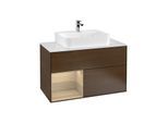 Villeroy und Boch Finion Waschtischunterschrank F111PCGN 100cm, Abdeckplatte black matt, Regal links Oak Veneer, Walnut veneer