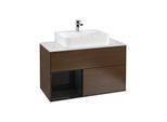 Villeroy und Boch Finion Waschtischunterschrank F111PHGN 100cm, Abdeckplatte black matt, Regal links Glossy Black Lacquer, Walnut veneer