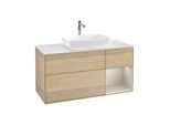 Villeroy und Boch Finion Waschtischunterschrank F831HHPC 120cm, Abdeckplatte white matt, Regale sand matt lacquer, Oak Veneer