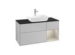 Villeroy und Boch Finion Waschtischunterschrank F832HHGJ 120cm, Abdeckplatte black matt, Regale sand matt lacquer, Light grey matt