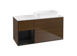 Villeroy und Boch Finion Waschtischunterschrank F681PHGN 120x60,3x50,1cm, Regal links Glossy Black Lacquer, Walnut veneer