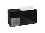 Villeroy und Boch Finion Waschtischunterschrank F682GMPH 120x60,3x50,1cm, Regal links Olive Matt Lacquer, Glossy Black Lacquer