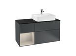 Villeroy und Boch Finion Waschtischunterschrank F142HHHG 120cm, Abdeckplatte Glass Black Matt, Regal links Sand Matt Lacquer, Midnight Blue Matt Lacquer