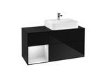 Villeroy und Boch Finion Waschtischunterschrank F142MTPH 120cm, Abdeckplatte Glass Black Matt, Regal links White matt lacquer, Glossy Black Lacquer