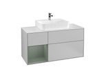 Villeroy und Boch Finion Waschtischunterschrank F161GMGJ 120cm, Abdeckplatte white matt, Regal links Olive Matt Lacquer, Light grey matt