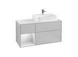 Villeroy und Boch Finion Waschtischunterschrank F141MTGJ 120cm, Abdeckplatte glass white Matt, Regal links White matt lacquer, Light grey matt