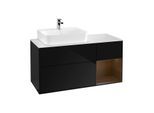Villeroy und Boch Finion Waschtischunterschrank G151GNPH 120cm, Abdeckplatte white matt, Emotion, Regal links Walnut veneer, Glossy Black Lacquer