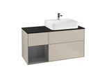 Villeroy und Boch Finion Waschtischunterschrank F142GKHH 120cm, Abdeckplatte Glass Black Matt, Regal links Anthracite matt, Sand Matt Lacquer