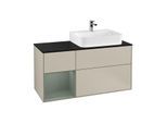 Villeroy und Boch Finion Waschtischunterschrank F142GMHH 120cm, Abdeckplatte Glass Black Matt, Regal links Olive Matt Lacquer, Sand Matt Lacquer