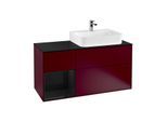 Villeroy und Boch Finion Waschtischunterschrank F142PHHB 120cm, Abdeckplatte Glass Black Matt, Regal links Glossy Black Lacquer, Peony Matt