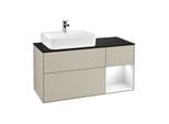 Villeroy und Boch Finion Waschtischunterschrank G152GFHH 120cm, Abdeckplatte black matt, Emotion, Regal links Glossy white lacquer, Sand Matt Lacquer