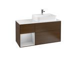 Villeroy und Boch Finion Waschtischunterschrank F141GJGN 120cm, Abdeckplatte glass white Matt, Regal links Light grey matt, Walnut veneer