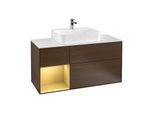 Villeroy und Boch Finion Waschtischunterschrank F161HFGN 120cm, Abdeckplatte white matt, Regal links Gold matt, Walnut veneer