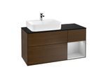 Villeroy und Boch Finion Waschtischunterschrank G152GJGN 120cm, Abdeckplatte black matt, Emotion, Regal links Light grey matt, Walnut veneer