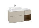 Villeroy und Boch Finion Waschtischunterschrank F151GNHH 120cm, Abdeckplatte white matt, Regal rechts Walnut veneer, Sand Matt Lacquer