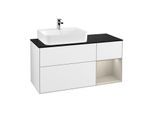 Villeroy und Boch Finion Waschtischunterschrank G152HHGF 120cm, Abdeckplatte black matt, Emotion, Regal links Sand Matt Lacquer, Glossy white lacquer
