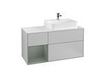 Villeroy und Boch Finion Waschtischunterschrank F141GMGJ 120cm, Abdeckplatte glass white Matt, Regal links Olive Matt Lacquer, Light grey matt