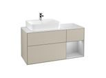 Villeroy und Boch Finion Waschtischunterschrank G151GJHH 120cm, Abdeckplatte white matt, Emotion, Regal links Light grey matt, Sand Matt Lacquer