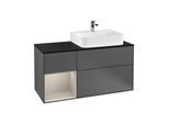 Villeroy und Boch Finion Waschtischunterschrank G142HHGK 120cm, Abdeckplatte black matt, Emotion, Regal links Sand Matt Lacquer, Anthracite matt