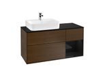 Villeroy und Boch Finion Waschtischunterschrank F152PHGN 120cm, Abdeckplatte black matt, Regal rechts Glossy Black Lacquer, Walnut veneer