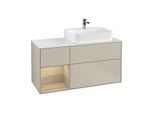 Villeroy und Boch Finion Waschtischunterschrank F141PCHH 120cm, Abdeckplatte glass white Matt, Regal links Oak Veneer, Sand Matt Lacquer