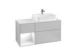 Villeroy und Boch Finion Waschtischunterschrank G141GFGJ 120cm, Abdeckplatte white matt, Emotion, Regal links Glossy white lacquer, Light grey matt
