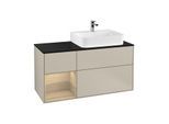 Villeroy und Boch Finion Waschtischunterschrank G142PCHH 120cm, Abdeckplatte black matt, Emotion, Regal links Oak Veneer, Sand Matt Lacquer