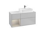 Villeroy und Boch Finion Waschtischunterschrank F141HHGJ 120cm, Abdeckplatte glass white Matt, Regal links Sand Matt Lacquer, Light grey matt