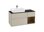 Villeroy und Boch Finion Waschtischunterschrank F152GNHH 120cm, Abdeckplatte black matt, Regal rechts Walnut veneer, Sand Matt Lacquer