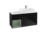 Villeroy und Boch Finion Waschtischunterschrank F141GMPH 120cm, Abdeckplatte glass white Matt, Regal links Olive Matt Lacquer, Glossy Black Lacquer