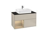Villeroy und Boch Finion Waschtischunterschrank G112PCHH 100cm, Abdeckplatte black matt, Emotion, Regal links Oak Veneer, Sand Matt Lacquer