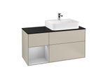Villeroy und Boch Finion Waschtischunterschrank G142GJHH 120cm, Abdeckplatte black matt, Emotion, Regal links Light grey matt, Sand Matt Lacquer