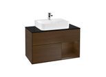 Villeroy und Boch Finion Waschtischunterschrank F122GNGN 100cm, Abdeckplatte black matt, Regal rechts Walnut veneer, Walnut veneer