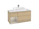 Villeroy und Boch Finion Waschtischunterschrank G161HHPC 120cm, Abdeckplatte white matt, Emotion, Regal links Sand Matt Lacquer, Oak Veneer
