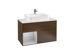 Villeroy und Boch Finion Waschtischunterschrank G111GJGN 100cm, Abdeckplatte white matt, Emotion, Regal links Light grey matt, Walnut veneer