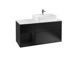 Villeroy und Boch Finion Waschtischunterschrank F141PHPD 120cm, Abdeckplatte glass white Matt, Regal links Glossy Black Lacquer, Black matt lacquer