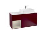 Villeroy und Boch Finion Waschtischunterschrank F141HHHB 120cm, Abdeckplatte glass white Matt, Regal links Sand Matt Lacquer, Peony Matt