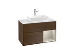 Villeroy und Boch Finion Waschtischunterschrank F781HHGN 100cm, Abdeckplatte white matt, Regale sand matt lacquer, Walnut veneer