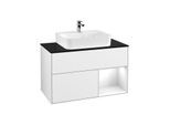 Villeroy und Boch Finion Waschtischunterschrank F122GFGF 100cm, Abdeckplatte black matt, Regal rechts Glossy white lacquer, Glossy white lacquer