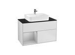Villeroy und Boch Finion Waschtischunterschrank G112GJMT 100cm, Abdeckplatte black matt, Emotion, Regal links Light grey matt, White matt lacquer