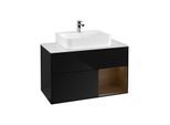 Villeroy und Boch Finion Waschtischunterschrank G121GNPH 100cm, Abdeckplatte white matt, Emotion, Regal rechts Walnut veneer, Glossy Black Lacquer