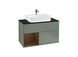 Villeroy und Boch Finion Waschtischunterschrank G112GNGM 100cm, Abdeckplatte black matt, Emotion, Regal links Walnut veneer, Olive Matt Lacquer
