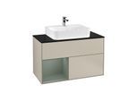 Villeroy und Boch Finion Waschtischunterschrank F112GMHH 100cm, Abdeckplatte white matt, Regal links Olive Matt Lacquer, Sand Matt Lacquer