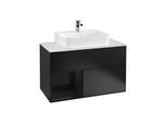 Villeroy und Boch Finion Waschtischunterschrank G111PHPD 100cm, Abdeckplatte white matt, Emotion, Regal links Glossy Black Lacquer, Black matt lacquer
