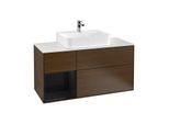 Villeroy und Boch Finion Waschtischunterschrank G161PHGN 120cm, Abdeckplatte white matt, Emotion, Regal links Glossy Black Lacquer, Walnut veneer