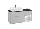 Villeroy und Boch Finion Waschtischunterschrank F152MTGJ 120cm, Abdeckplatte black matt, Regal rechts White matt lacquer, Light grey matt