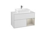 Villeroy und Boch Finion Waschtischunterschrank G121HHMT 100cm, Abdeckplatte white matt, Emotion, Regal rechts Sand Matt, White matt lacquer